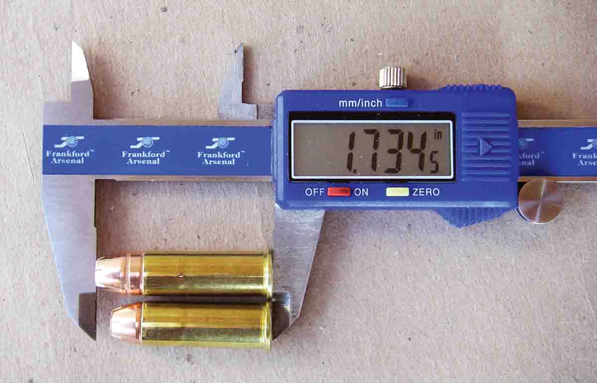The Hornady 300-grain XTP was seated in its bottom crimp groove for an overall length of around 1.735 inches, which significantly increases powder capacity. However, this bullet measures .430 inch in diameter and may not fit into the throats of recently manufactured Smith & Wesson revolvers that feature throats of .429 inch.